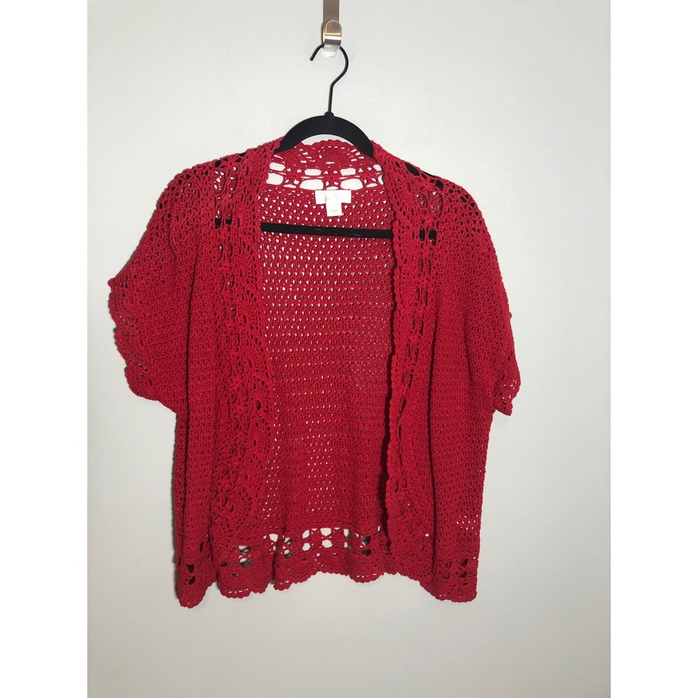 Christopher & Banks Crochet Cardigan Women XL Red Open Knit Short Sleeve Shrug